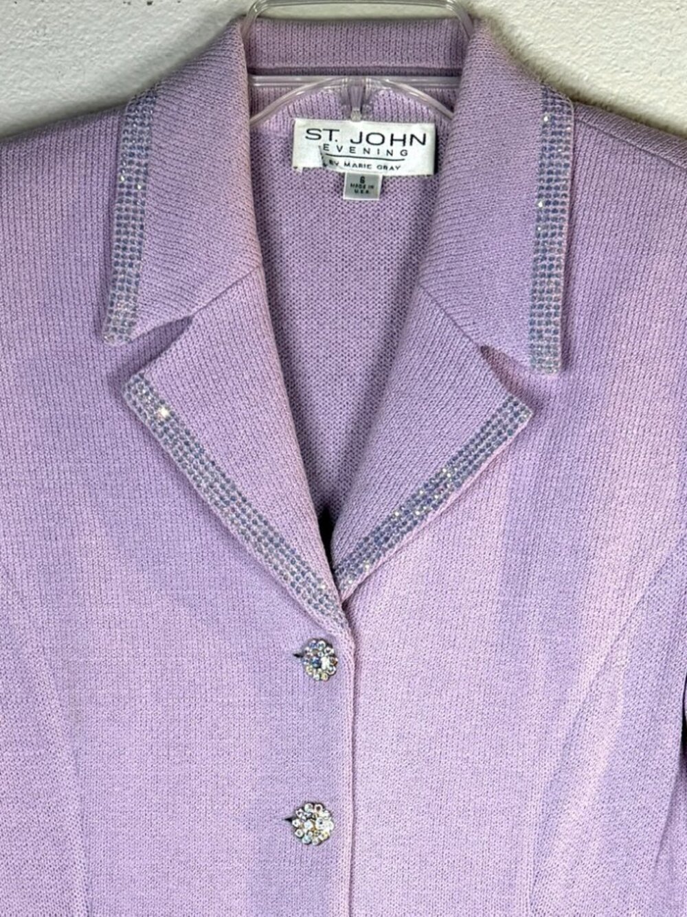 St. John Evening by Marie Gray 2-Piece Lilac Santana Knit Suit Size 6 Crystal Bu